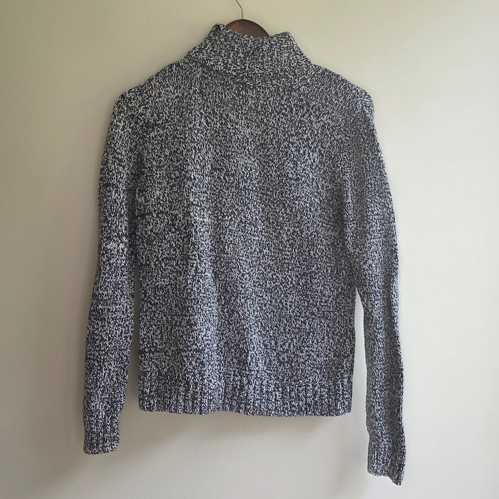 Lands End Women Black White Marled Cotton Chunky Knit Turtleneck Sweater M 10-12